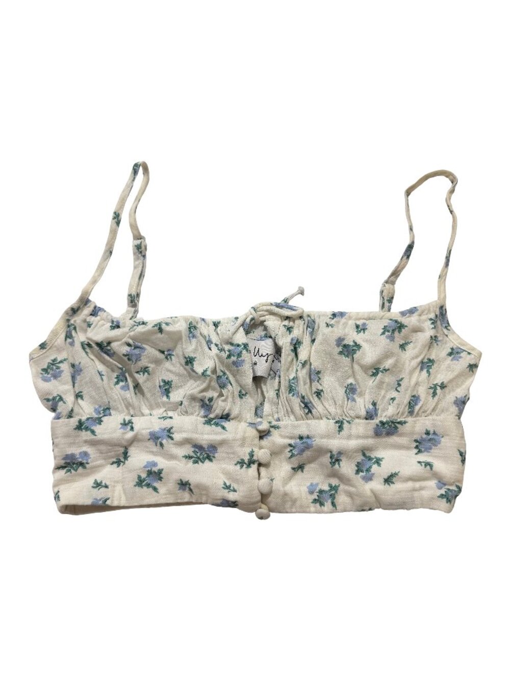 Princess Polly Ivory Blue Floral Smocked Crop Top Cami Tie Shirt Size 0 Women's
